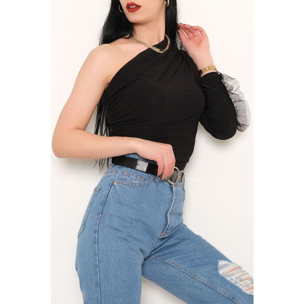 Tek Kol Büzgülü Bluz Siyah - 3192.1595