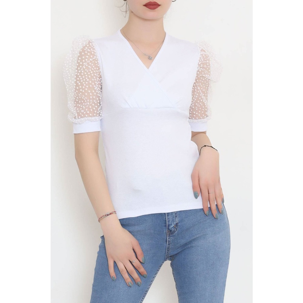 Kolları Tüllü Kruvaze Bluz Beyaz - 10499.1187