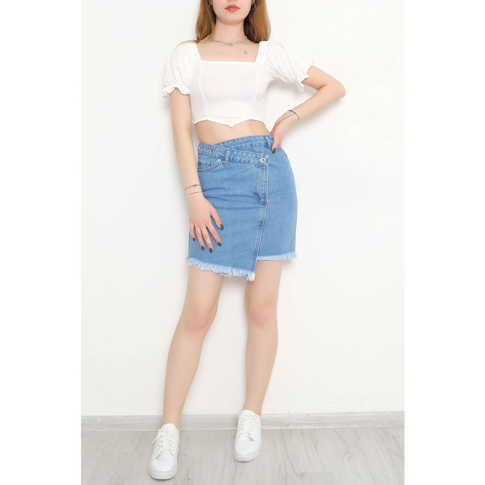 Balon Kol Crop Bluz Beyaz - 10327.148