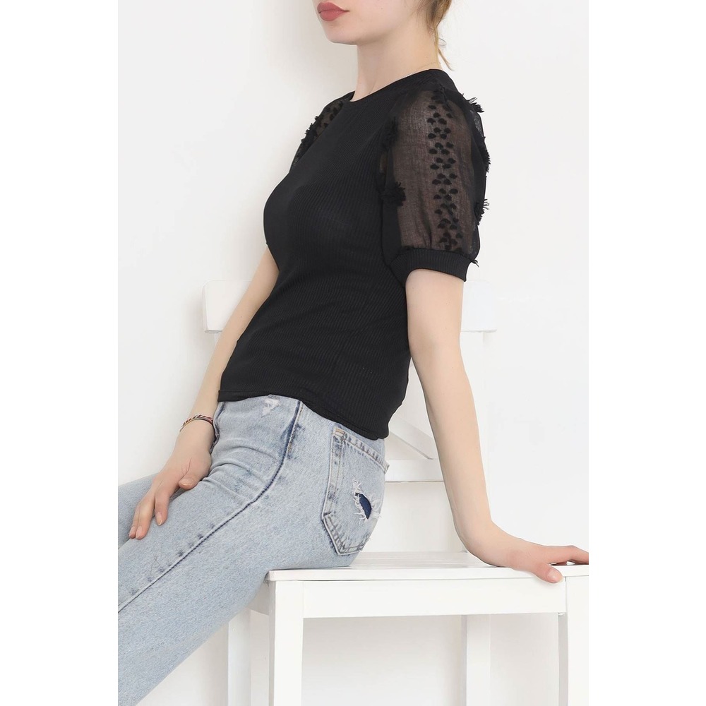 Tül Kollu Fitilli Bluz Siyah - 9171.224