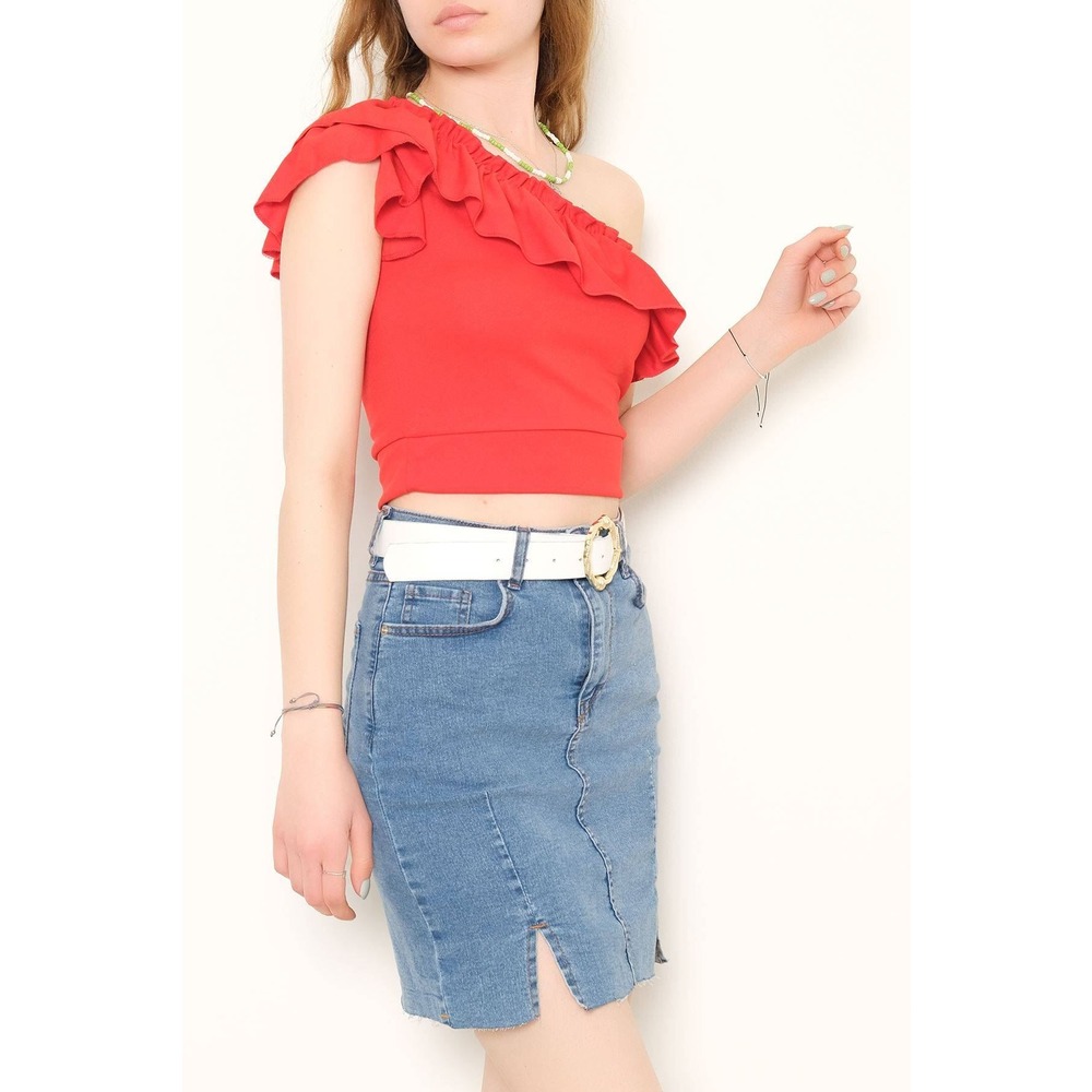 Tek Omuz Fırfırlı Bluz Kırmızı - 10691.631
