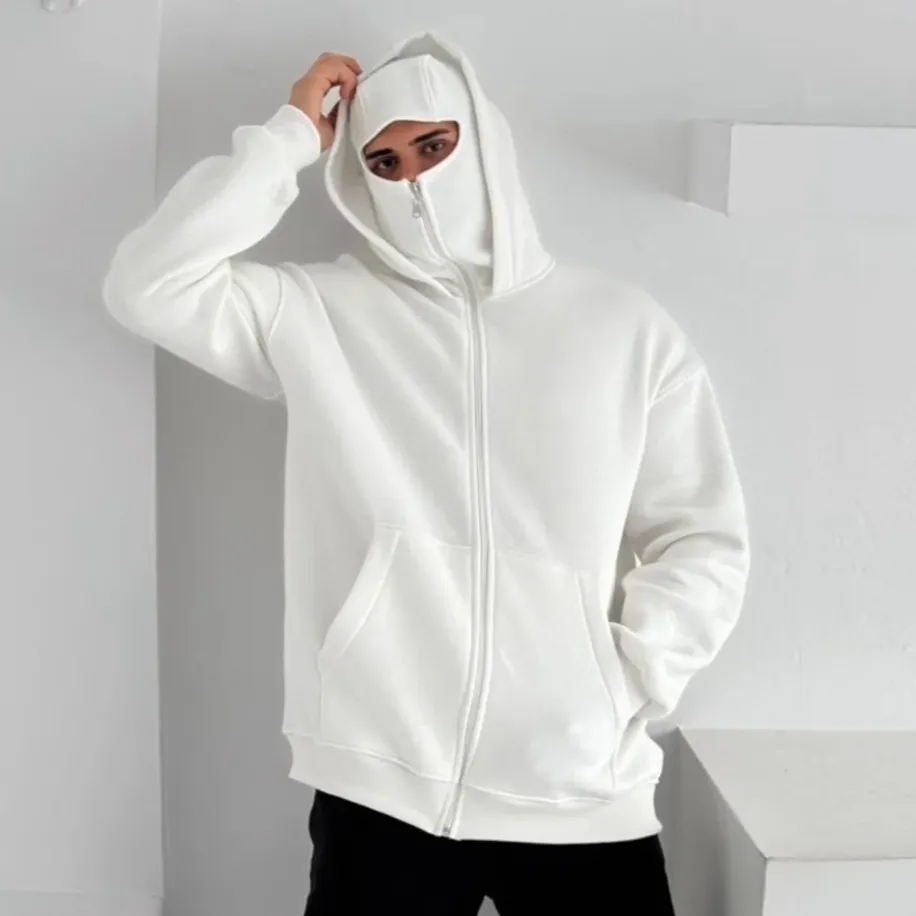 Oversize Fermuarlı Beyaz Ninja Unisex Hırka | SwakzWear