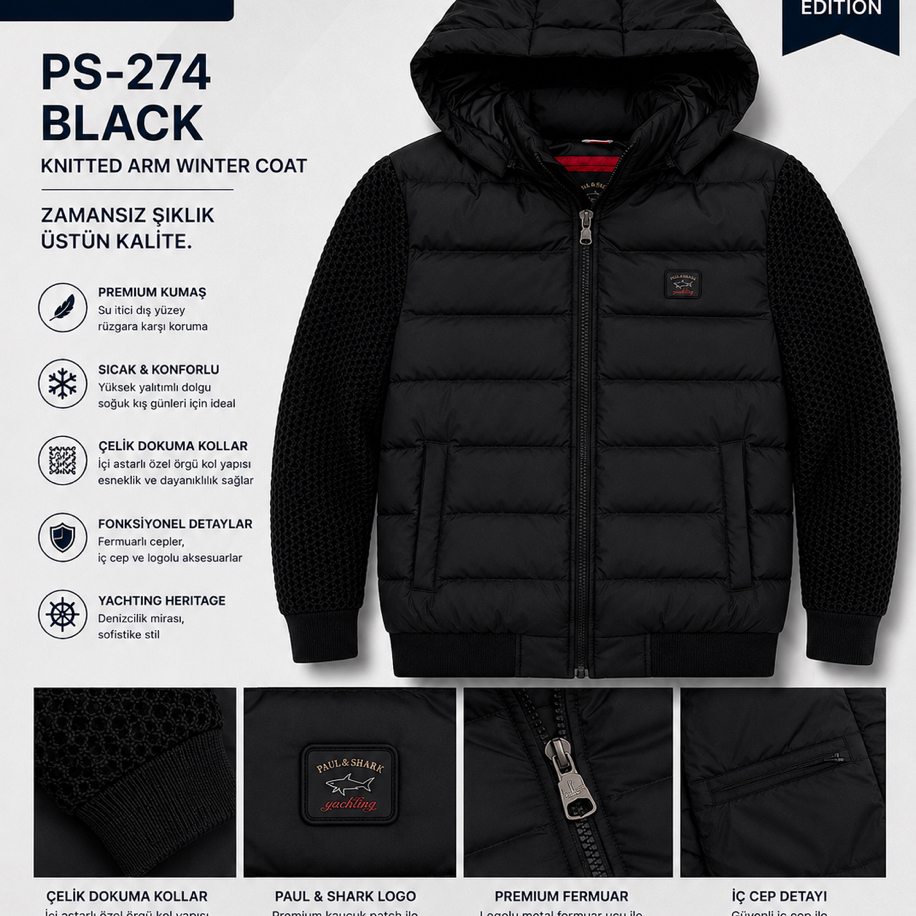 PAUL & SHARK Black Çelik Dokuma Kollu Kışlık Mont