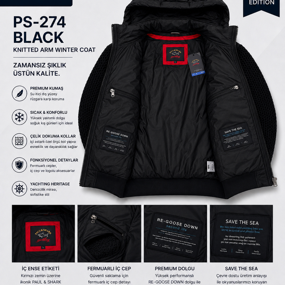 PAUL & SHARK Black Çelik Dokuma Kollu Kışlık Mont
