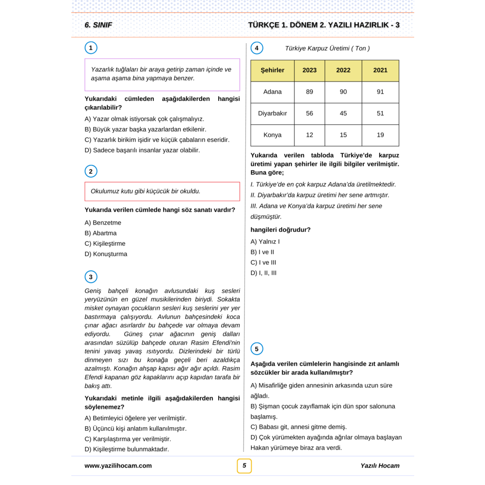 6.Sınıf Yazılıya Hazırlık (Açık Uçlu + Test + Etkinlikli)