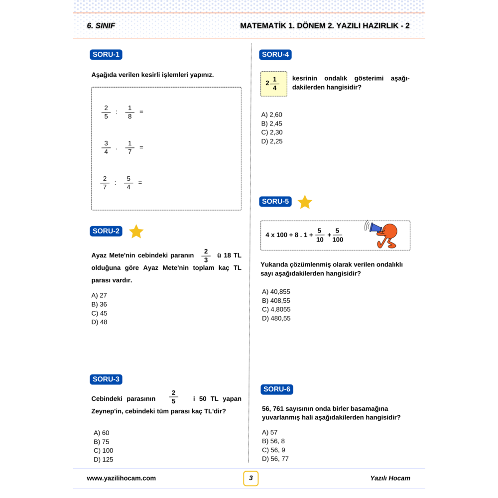 6.Sınıf Yazılıya Hazırlık (Açık Uçlu + Test + Etkinlikli)