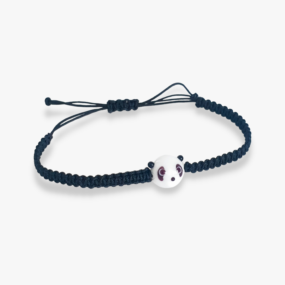 Cam Panda Boncuklu Siyah Makrome Örgü Bileklik 