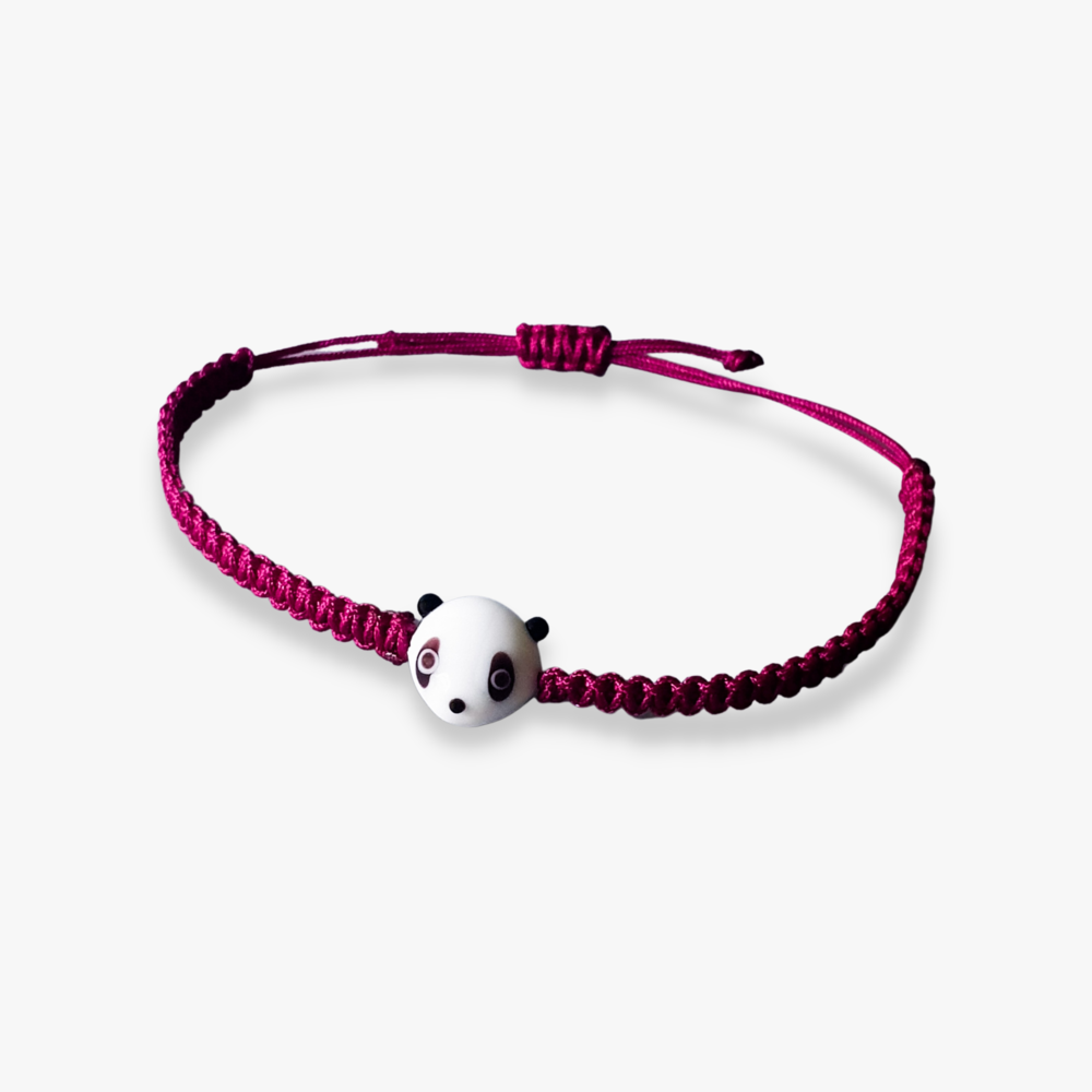 Cam Panda Boncuklu Fuşya Makrome Örgü Bileklik 