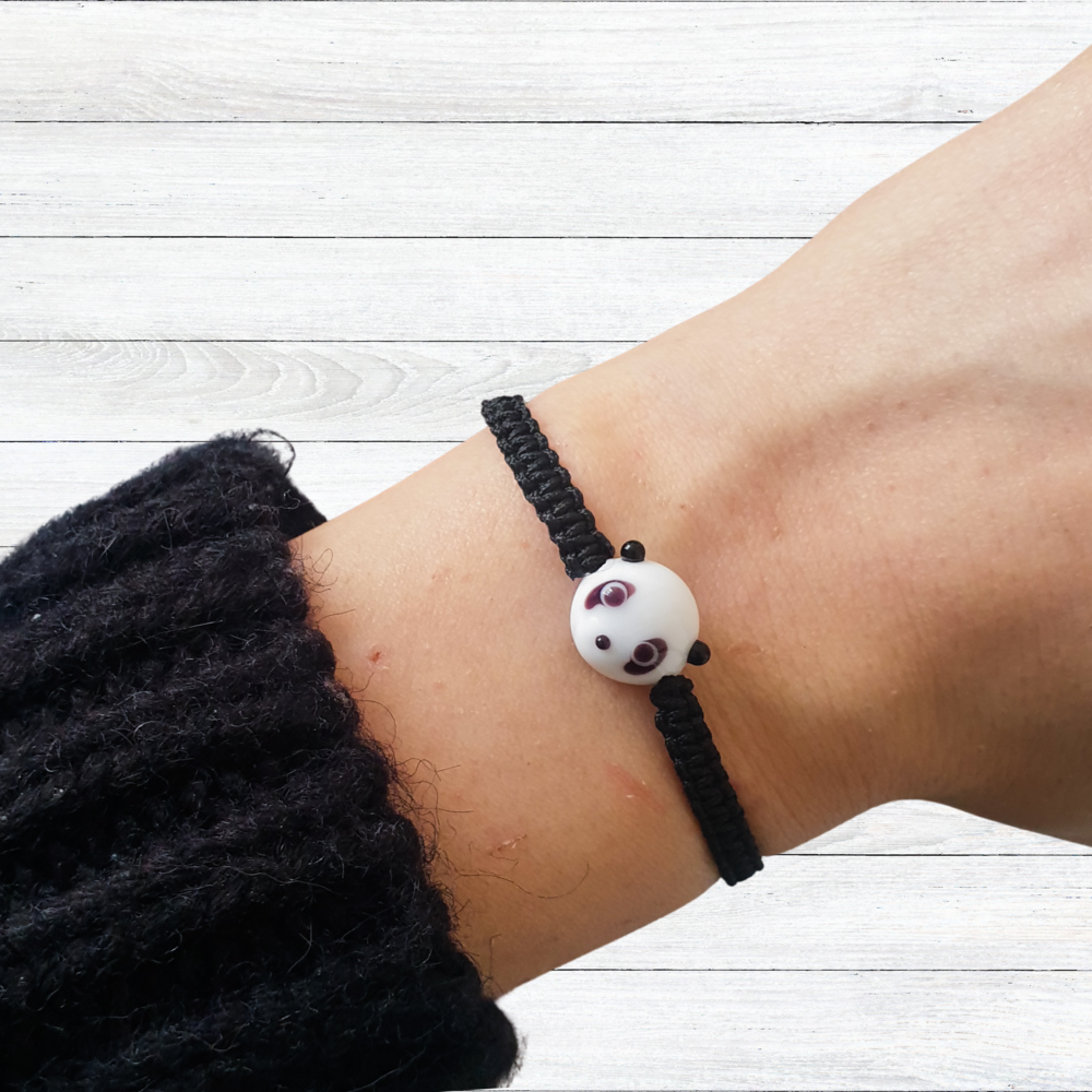 Cam Panda Boncuklu Siyah Makrome Örgü Bileklik 