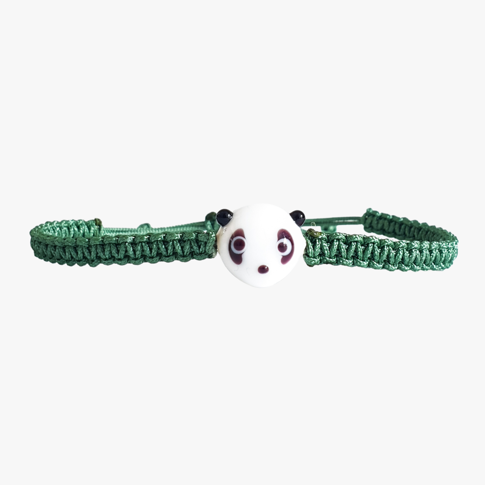 Cam Panda Boncuklu Çimen Yeşili Makrome Örgü Bileklik 