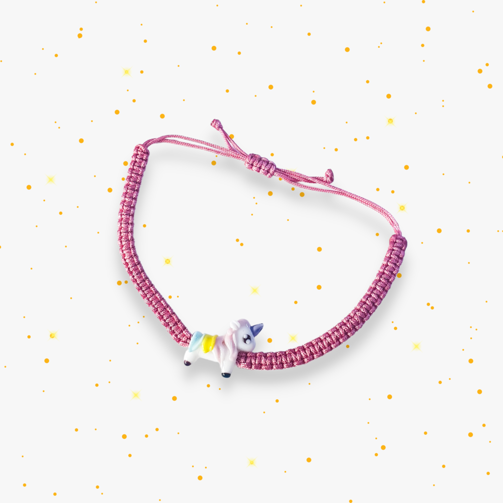 Cam Unicorn Boncuklu Pembe Makrome Örgü Bileklik