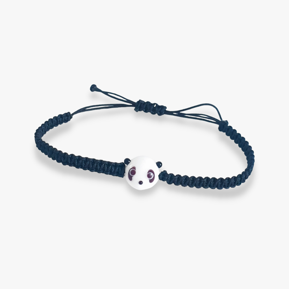 Cam Panda Boncuklu Siyah Makrome Örgü Bileklik 