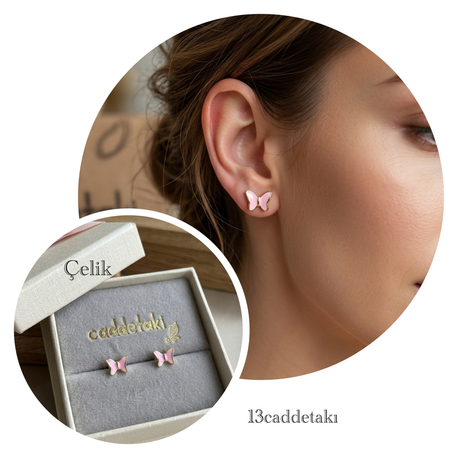 ÇELİK PEMBE KELEBEK MODEL MİNİMAL KÜPE