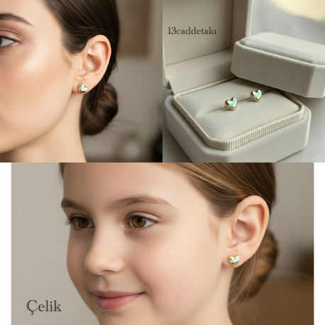 ÇELİK SU YEŞİLİ ÇİZGİLİ KALPLİ MİNİMAL KÜPE
