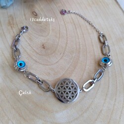 ÇELİK NAZAR BONCUKLU YAŞAM ÇİÇEĞİ MODEL BİLEKLİK