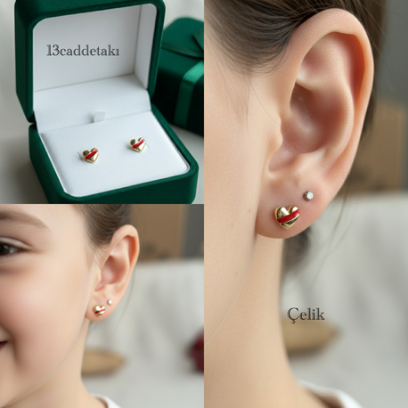 ÇELİK KIRMIZI ŞERİTLİ MİNİK KALPLİ MODEL KÜPE