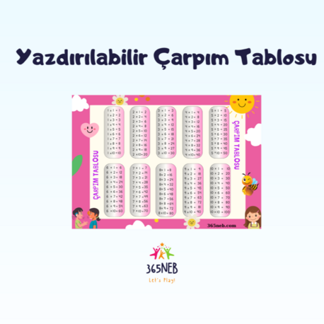 Pembe Temalı Çocuklar için 1-10 Çarpım Tablosu | Yazdırılabilir Matematik Çalışma Sayfası
