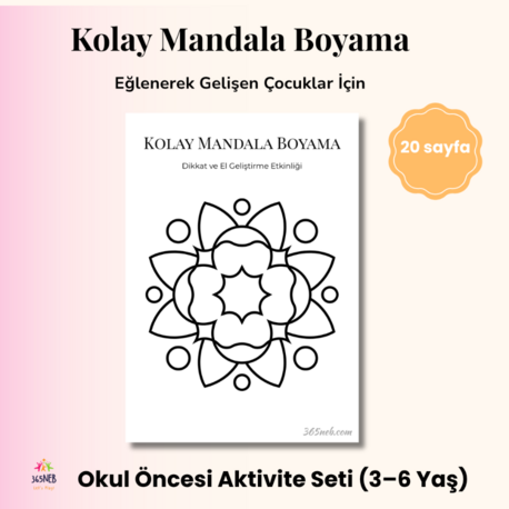 Kolay Mandala Boyama (3–6 Yaş) | 20 Sayfa Yazdırılabilir PDF