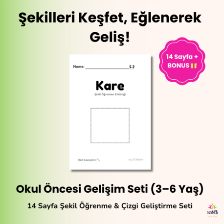 Şekil Öğrenme & Çizgi İzleme Seti (3–6 Yaş) | 14 Sayfa PDF + BONUS 