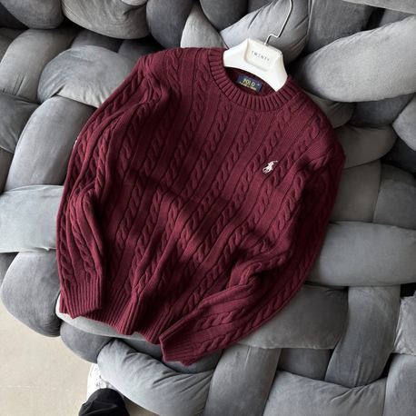 Premium Kalite Polo Saç Örgü Kışlık Kazak - Bordo