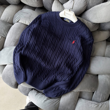 Premium Kalite Polo Saç Örgü Kışlık Kazak - Lacivert