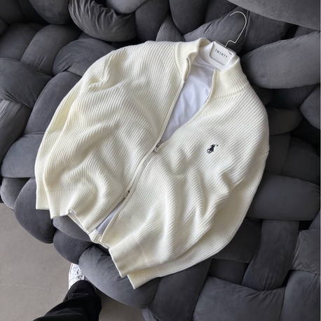 Premium Kalite Polo Fermuarlı Triko Hırka - Ekru