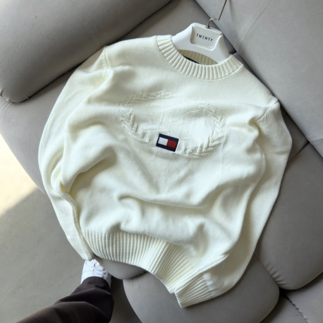 Tommy Hilfiger Kabartma Desenli ve Bayrak Nakışlı Krem Kazak