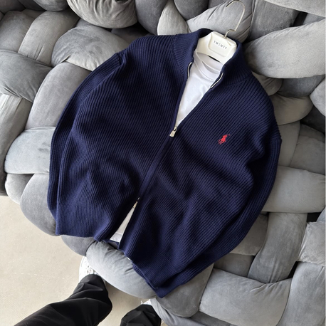 Premium Kalite Polo Fermuarlı Triko Hırka - Lacivert