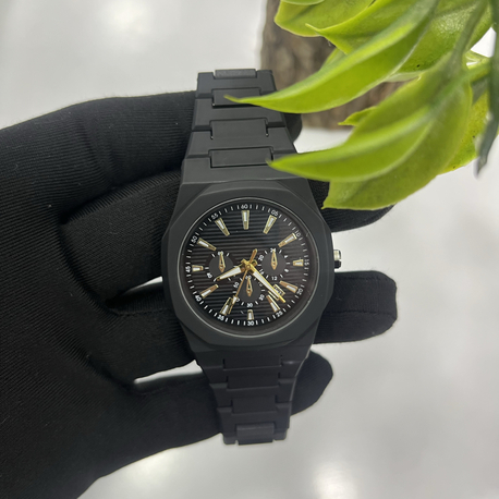 Carbon Gold Özel Seri - Siyah Çelik Kasa Altın Detaylı Saat + Cüzdan Hediye