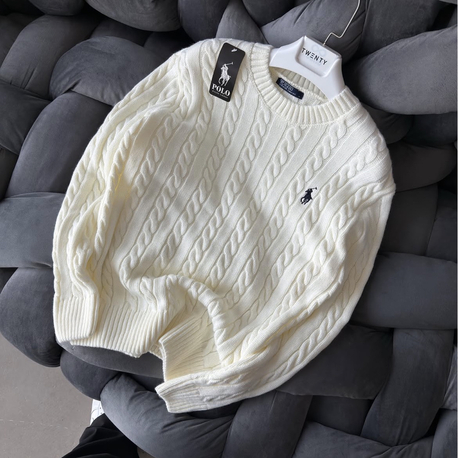 Premium Kalite Polo Saç Örgü Kışlık Kazak - Beyaz