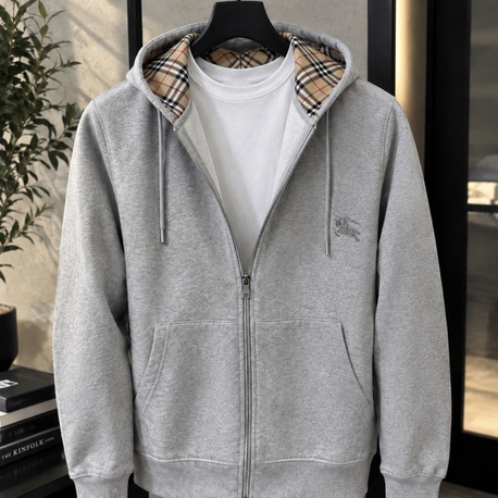 Burberry Stili İç Ekose Detaylı Gri Hoodie