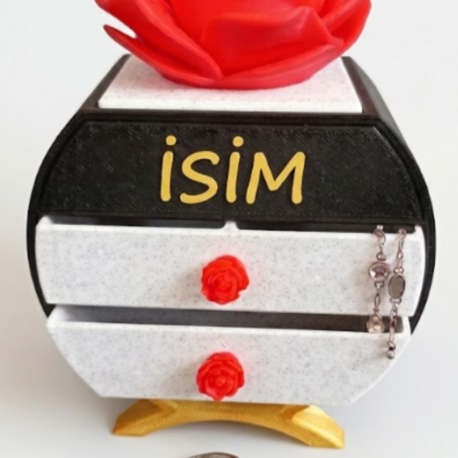 Kişiye Özel İsimli Mini Takı Kutusu - Gül Detaylı 3D Baskı Çekmeceli Mücevher Organizeri