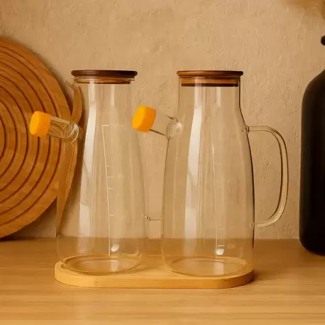 KRD HOME Bambu Standlı Borosilikat İkili Yağdanlık Seti 1 Litre