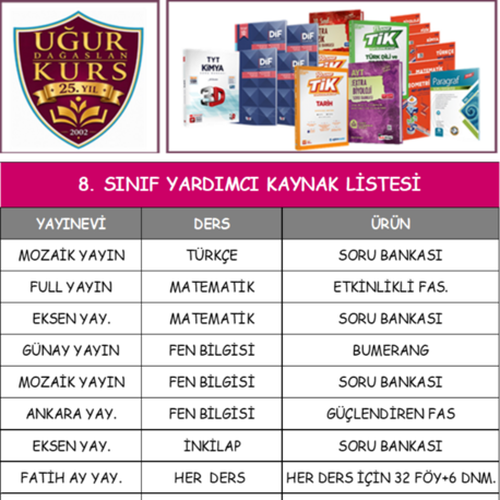 KURS 8. SINIF YARDIMCI KAYNAK LİSTESİ