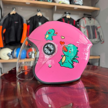 Dinozor Temalı Pembe Çocuk Yarım Kask