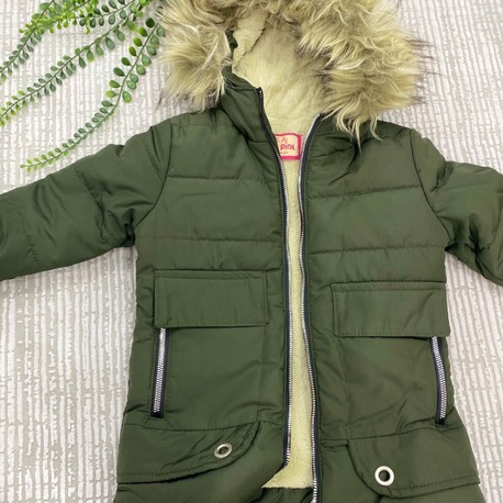 Haki Yeşil Kapşonlu Kürk Detaylı Unisex Çocuk Montu