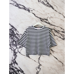 Siyah Çizgili Bisiklet Yaka Crop Top Oversize Kadın Basic Tişört