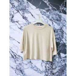 Krem Bisiklet Yaka Crop Top Oversize Kadın Basic Tişört