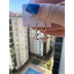 3'lü Ay Yıldız Gold Küpe