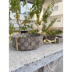 Brown Gucci Dog Collar-Leash Set. Desinger Dog Collar Set.