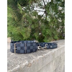 Black Lv Checker Dog Collar-Leash Set. Desinger Dog Collar Set.