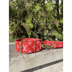 Red Lv Monogram Dog Collar-Leash Set. Desinger Dog Collar Set.