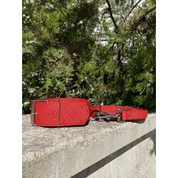 Red Lv Embossed Dog Collar-Leash Set. Desinger Dog Collar Set.
