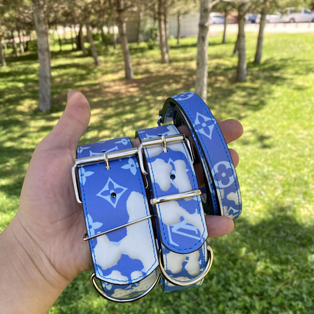 Blue Cloud Louis Vuitton Dog Collar-Leash Set. Desinger Dog Collar Set.