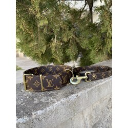 Brown Lv Monogram Dog Collar-Leash Set. Desinger Dog Collar Set.