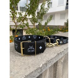 Black Mcm  Dog Collar-Leash Set. Desinger Dog Collar Set.