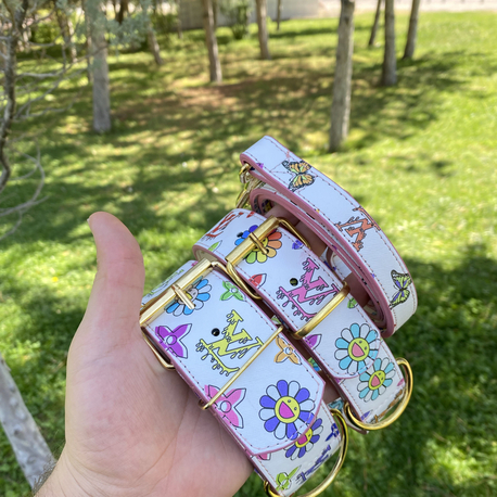 Flower Louis Vuitton Dog Collar-Leash Set. Desinger Dog Collar Set.