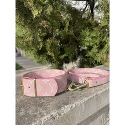 Pink Lv Monogram Dog Collar-Leash Set. Desinger Dog Collar Set.