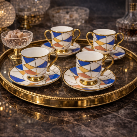 ✨ Geometrik Desenli Gold Detaylı Porselen Kahve Fincan Takımı ✨