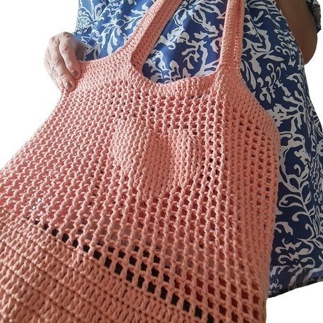 El Yapımı Pamuk Tote Çanta – Kalp Desenli Şeftali Pembe Omuz Çantası
